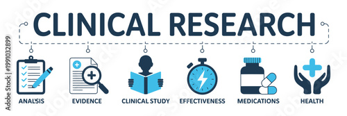 Clinical research infographic banner with flat medical icons