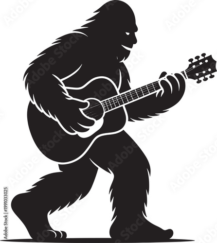 Bigfoot playing guitar silhouette illustration.