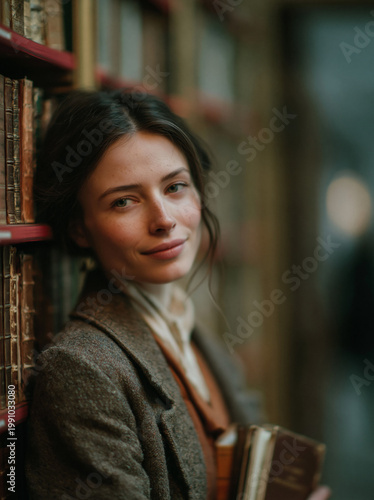 Young woman holding book in library portrait