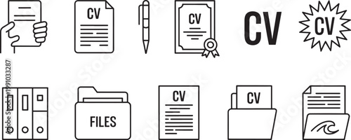 Icons representing curriculum vitae cv documents folders and pen on transparent background.