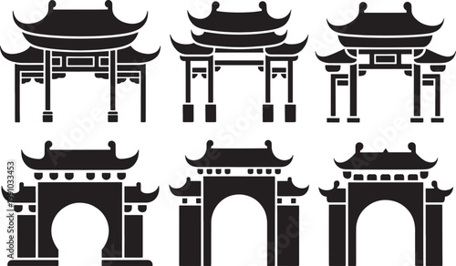 Asian architectural entrance silhouettes set with traditional pagoda roofs and ornate temple designs.