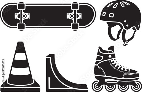 Set of skateboarding and rollerblading equipment in black silhouette on transparent background.