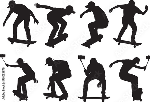 Skateboarder silhouettes set collection of active male skaters performing tricks and jumps outdoors.