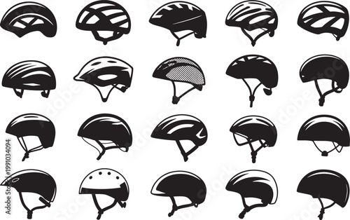 Professional bicycle safety helmet icons for cycling gear and sports equipment design and illustration.