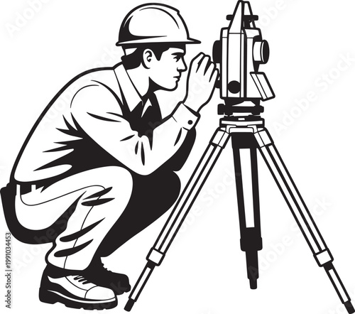 Surveyor man with theodolite and tripod vector art isolated on transparent background engineering construction tools.