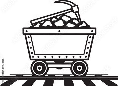 Mining cart filled with coal and pickaxe vector art isolated on transparent background industry equipment illustration.