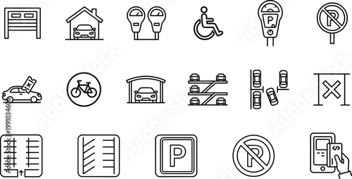 Parking and transportation line icons set including garage car meter disabled access bicycle valet multi level parking and payment outline vector collection
