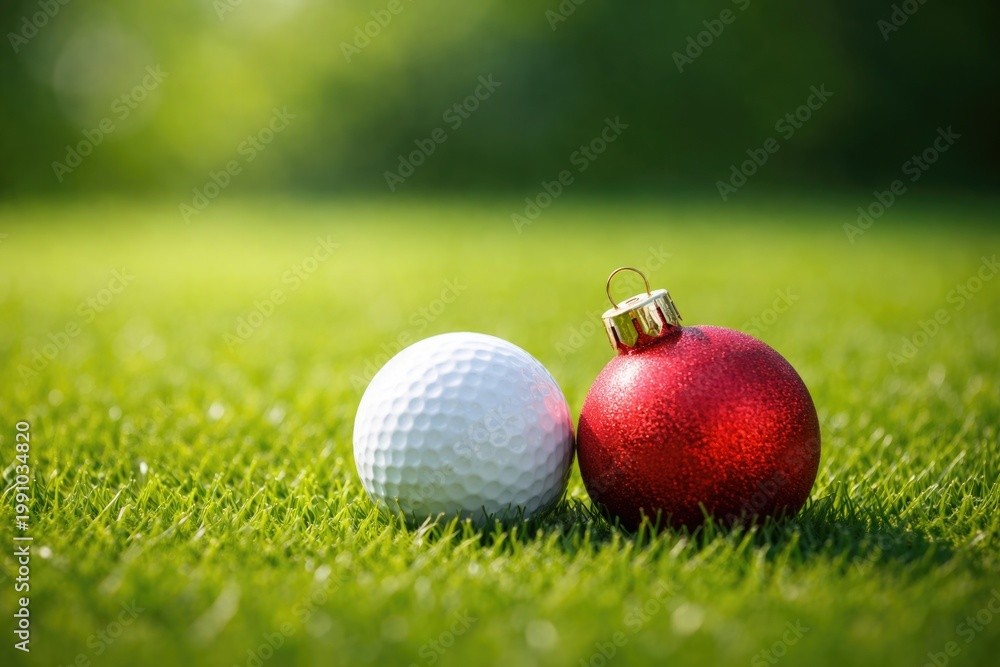 Naklejka premium Two seasonal objects including a golf ball and ornament on lush green grass copy space included
