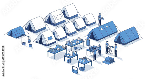 Disaster Relief, Emergency Response, Humanitarian Aid, Blue Vector Icons