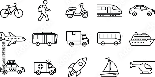 Transportation icon set featuring bicycle walking scooter train car airplane bus truck taxi ambulance ship helicopter rocket outline vector collection