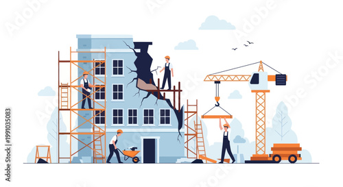 Construction site, workers building house, scaffolding, crane, workers in hard hats, industrial scene