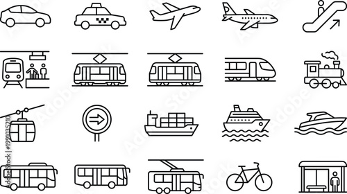Transportation icons set featuring cars trains airplanes ships public transit vehicles collection vector outline illustration modern mobility travel system design