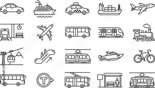 Transportation line icon set featuring car bus train airplane ship taxi bicycle and public transit symbols for travel logistics web ui design