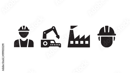 Construction Worker Excavator and Factory Silhouette Icons for Industrial Labor and Heavy Equipment Concepts