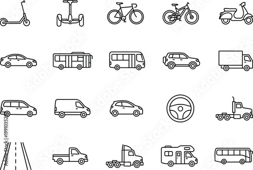 Transportation vehicle icon set featuring scooter bicycle bus truck car van steering wheel road outline vector collection for mobility transport logistics design
