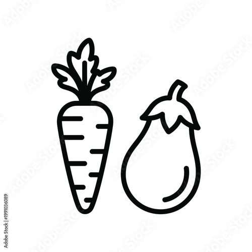Fresh carrot and eggplant line art icon for organic food and healthy vegetable diet marketing design