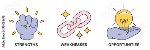 Hand drawn swot icons for strengths weaknesses and opportunities