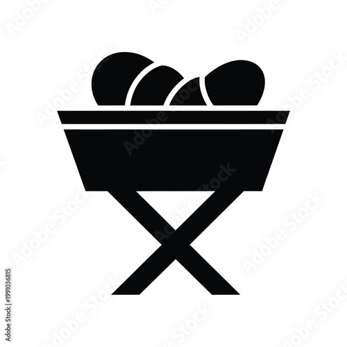 Minimalist black icon of baby in cradle representing religious nativity scene for festive holiday graphic design projects and digital web assets on clean white background