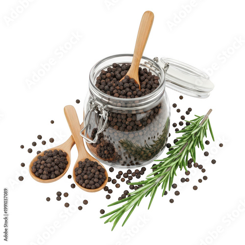 Jar of black face scrub with herbs and wooden spoon
