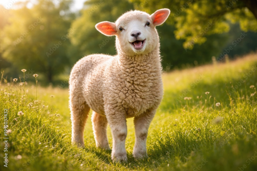 Obraz premium Happy pet sheep enjoying a sunny summer day in a green grass meadow with full length view