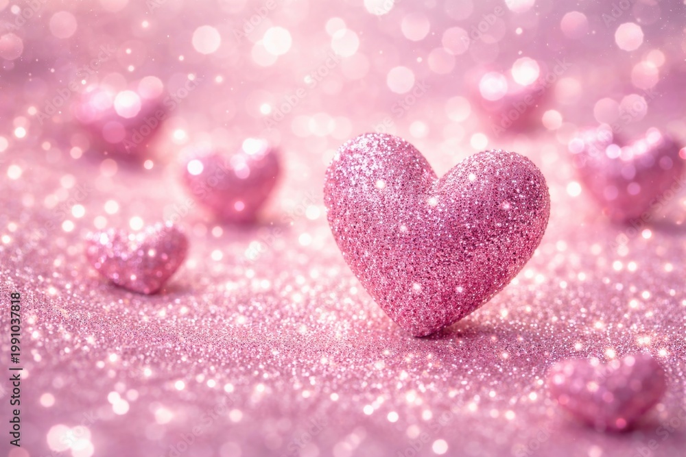 Fototapeta premium Close-up image of sparkling pink glitter hearts on a dreamy soft shimmering background