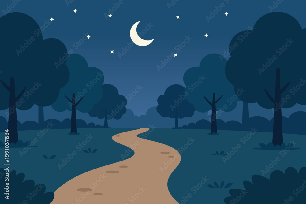 Fototapeta premium Night forest landscape with winding path, trees, crescent moon and starry sky vector illustration.