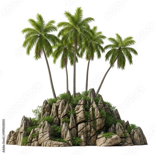 Illustration of tropical palm trees growing on a small rocky island