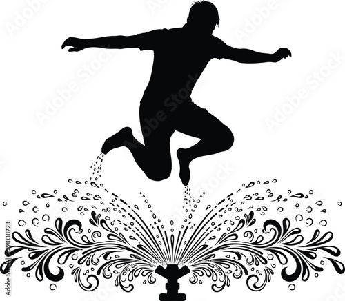 Man jumping over water sprinkler vector illustration, active person enjoying refreshing spray.