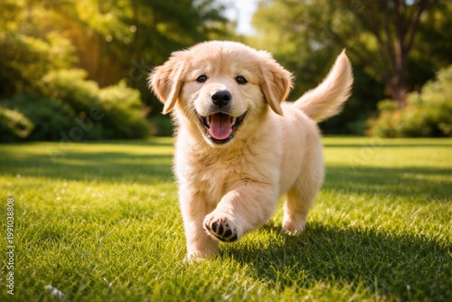 Cheerful golden retriever puppy enjoying a playful romp on a well maintained green grass lawn with full length summer backdrop