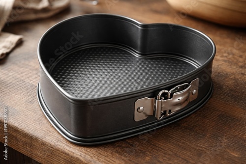 Close image of a heart shaped cake pan with dark gray metal and non stick coating plus removable base