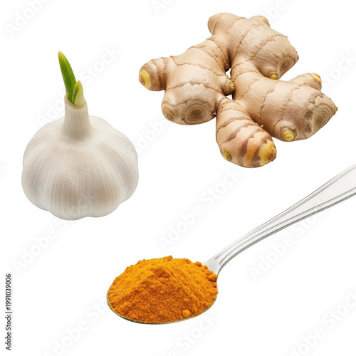 Fresh garlic cloves and powder with a ginger root
