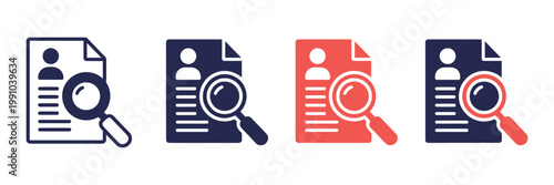 Profile document with magnifying glass icon set for hiring