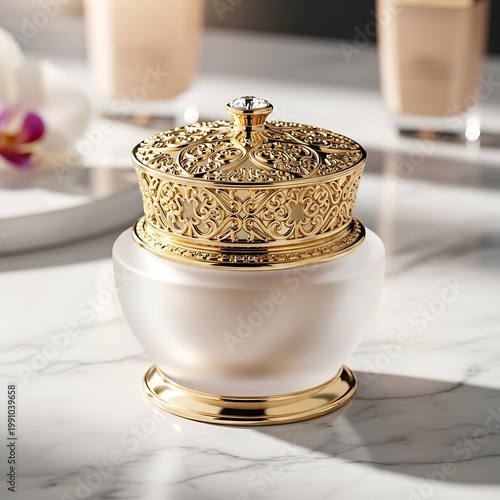 Elegant Decorative Golden Container with Ornate Design On White Background