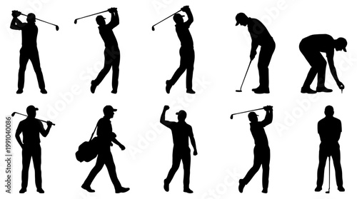 Man Playing Golf Silhouette Vector Set – 10 Dynamic Golf Action Poses