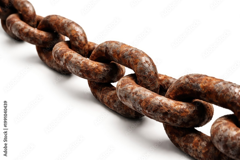 Fototapeta premium Aged metal chain links showing rust with blank white background for text