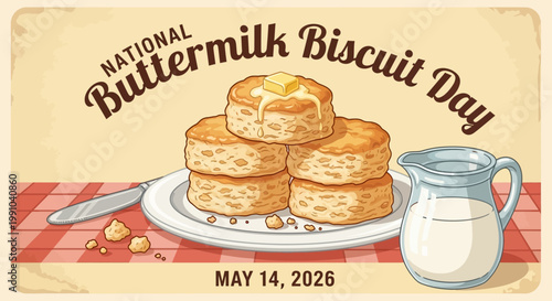 National Buttermilk Biscuit Day vintage illustration with stack of biscuits, milk jug, and plate isolated on background