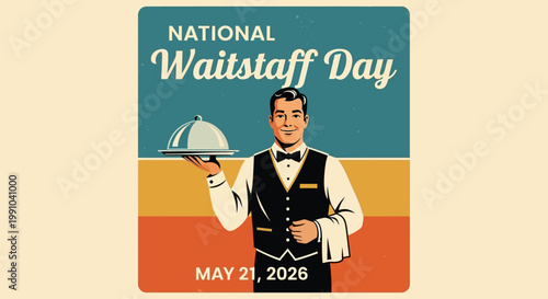 National Waitstaff Day poster with waiter holding a tray isolated on background