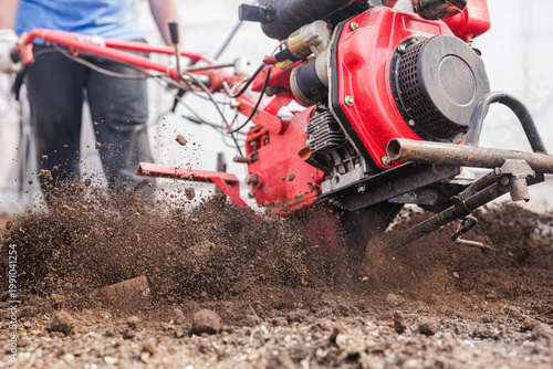 Bild auf Leinwand Walk behind rotary tiller cultivating soil for spring field preparation