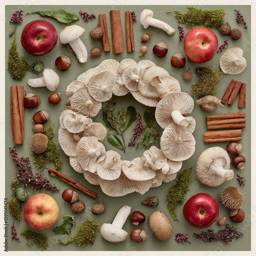 Creative arrangement of mushrooms, apples, and spices reflecting autumn vibes on a green background