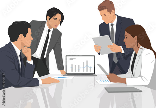 Diverse business team reviewing data on laptop and tablet Keywords: business, meeting