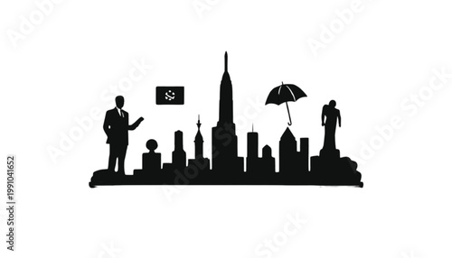 Businessman standing near a city skyline silhouette with an umbrella and a digital sign illustrates corporate success and professional resilience in a clean and modern graphic design composition.