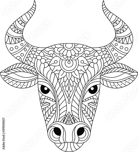 Intricately Decorated Bull Head Mandala Design zentangle