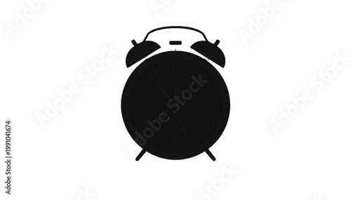 Alarm clock stands as a bold black silhouette against a pure white background, representing the concept of time management and morning routines.
