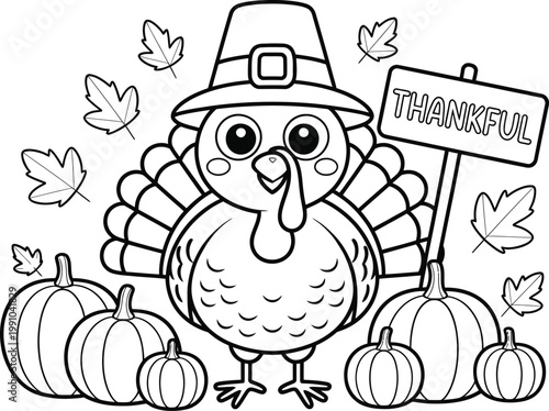 Thanksgiving turkey with pumpkins and leaves coloring page Keywords: thanksgiving, turkey