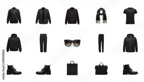 Clothing collection including jackets, pants, scarves, and accessories presented in a clean grid layout serves as a versatile fashion catalog for retail marketing and e-commerce product display needs.