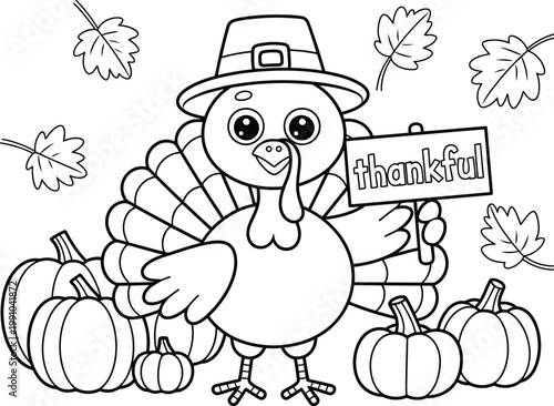 Thanksgiving turkey with pumpkins and leaves coloring page Keywords: thanksgiving, turkey