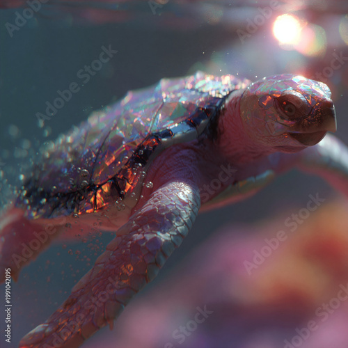 Colorful crystal sea turtle underwater