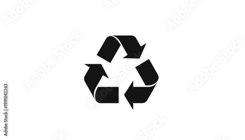 Recycle symbol consisting of three black arrows arranged in a triangular loop indicates the sustainable practice of processing waste materials into new products for environmental protection.