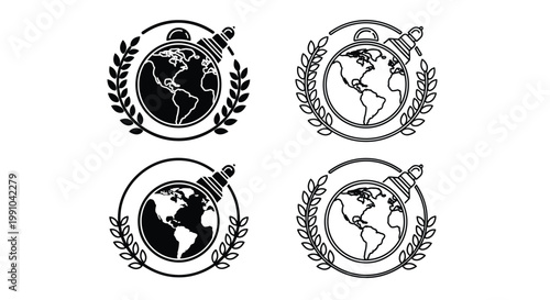 Globe icons are arranged in a grid pattern with laurel wreaths surrounding the spheres and a chess pawn positioned on top to represent global leadership and strategy.