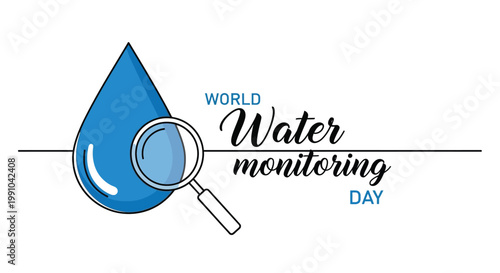 A water drop is examined through a magnifying glass in this clean graphic design intended to represent World Water Monitoring Day activities with ample white copy space.